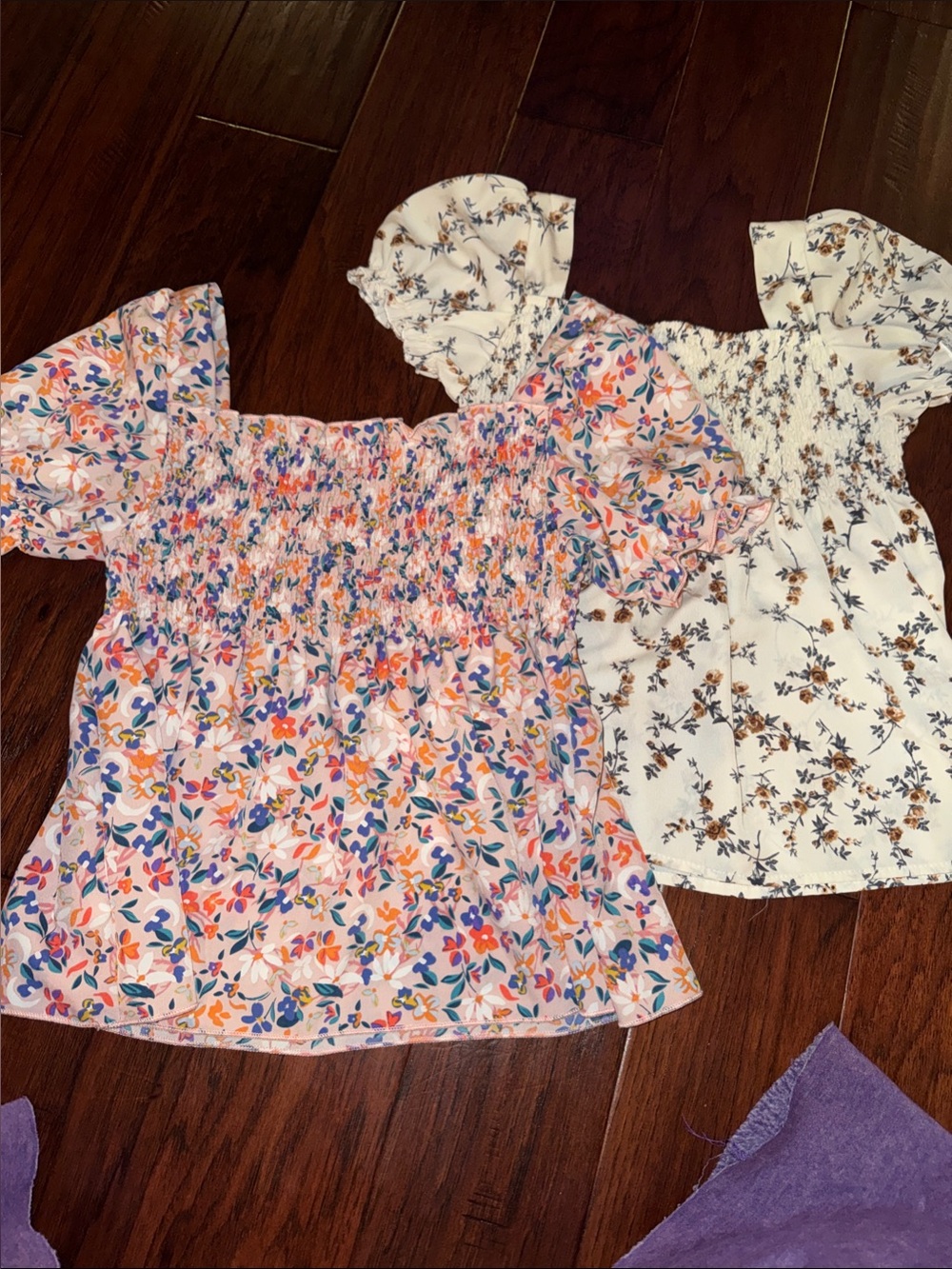 SHEIN Girls Floral Smocked Tops - Pink & White